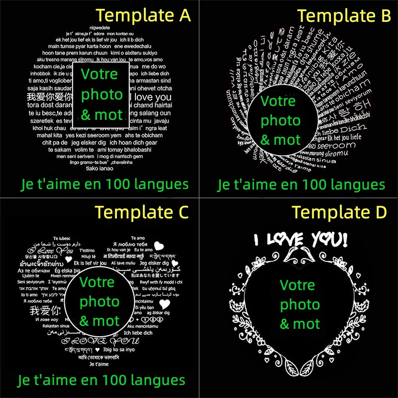 Collier de projection photo coeur personnalisé avec je t'aime en 100 langues